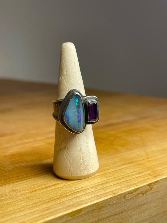 Tabra Jewelry - TABRA Ring: 925 Sterling Silver Opal and Amethyst Statement Ring Blue-Green Opal
